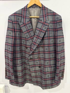 Gucci Navy, White & Red Plaid Blazer Trim